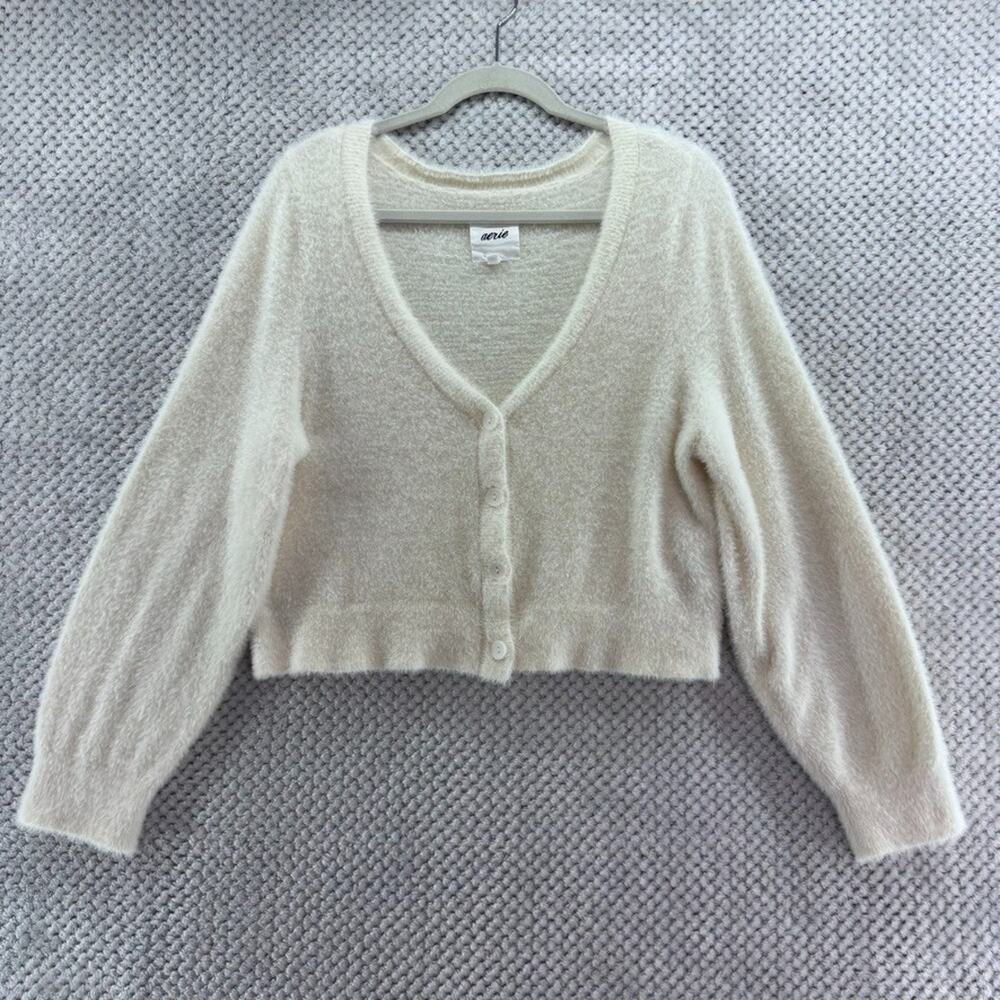 Aerie Cardigan Sweater Womens L Cream Plush Button Front V-Neck Boxy Coquette